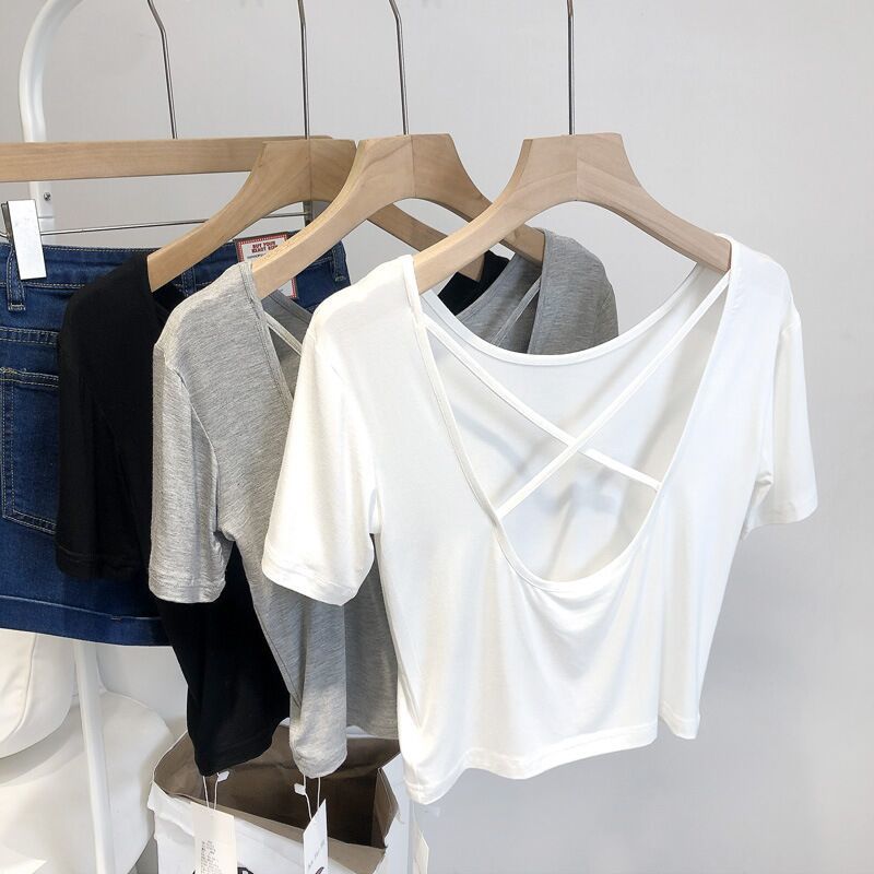 Modal beautiful back cross sports casual short-sleeved T-shirt women's summer drape sexy open back short yoga top