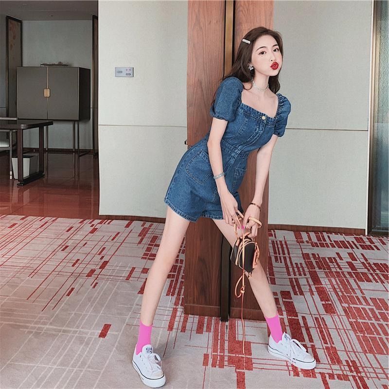 Hot girl design sense square collar denim jumpsuit female summer  new small net red slim straight shorts female