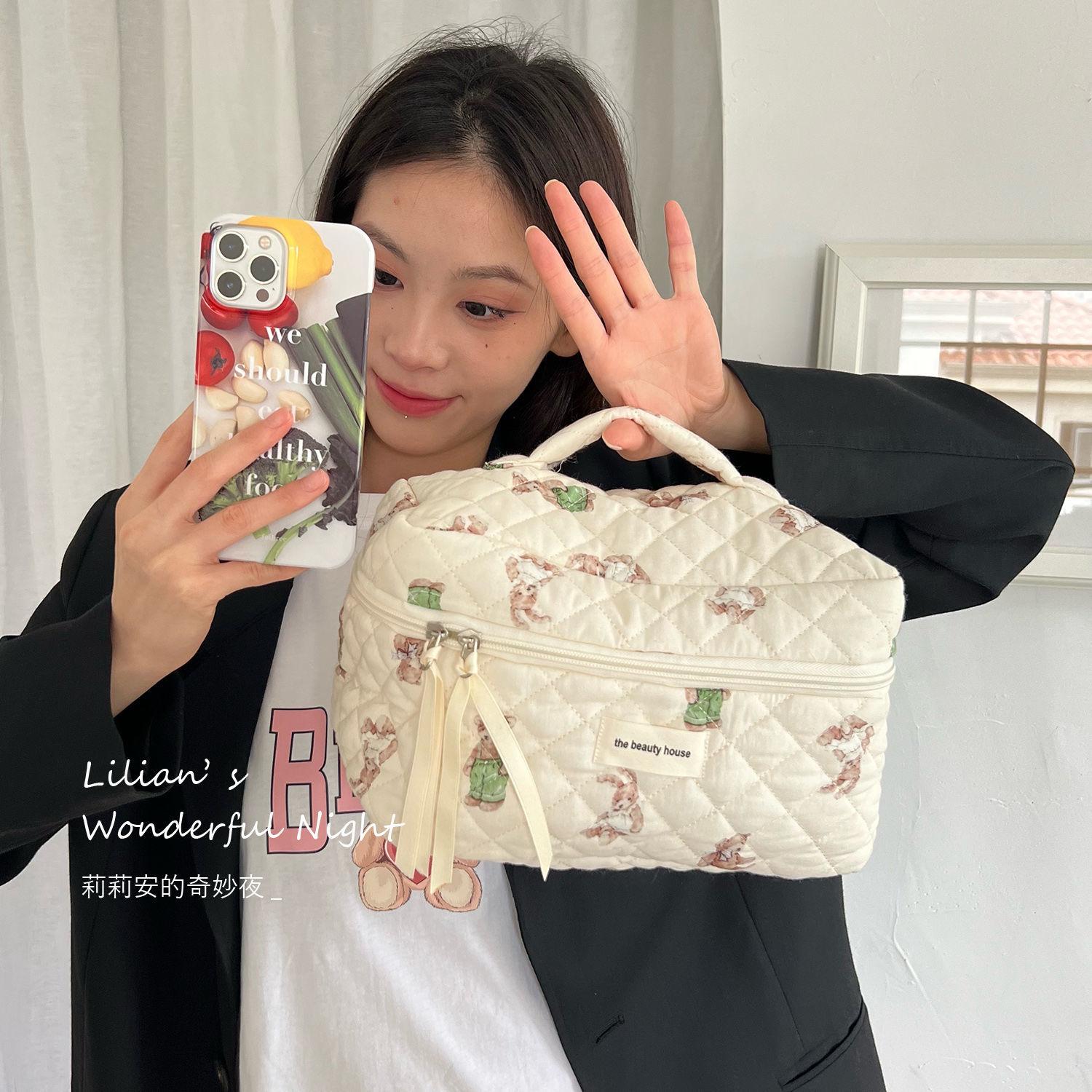 莉莉安背帶熊化妝包學生大容量手提洗漱包卡通外出便攜旅行收納包