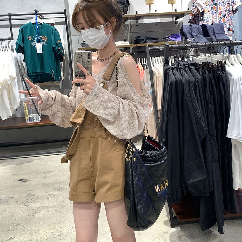 Can be salty and sweet denim overalls women's summer new Korean version all-match high waist loose slim wide-leg short pants trendy