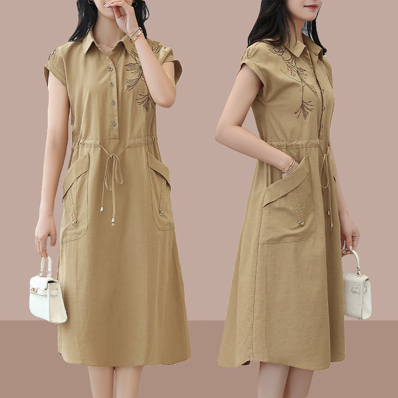 2023 Mid-Long Shirt Skirt Women's Summer New Large Size Casual Waist Slim Western Style Embroidered One-Piece Dress