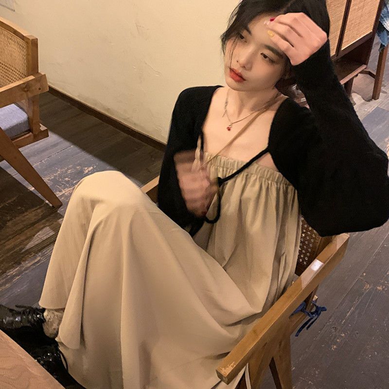 溫柔風別致連衣裙夏兩單件套裝設計感小眾裙子一字肩抹胸吊帶長裙