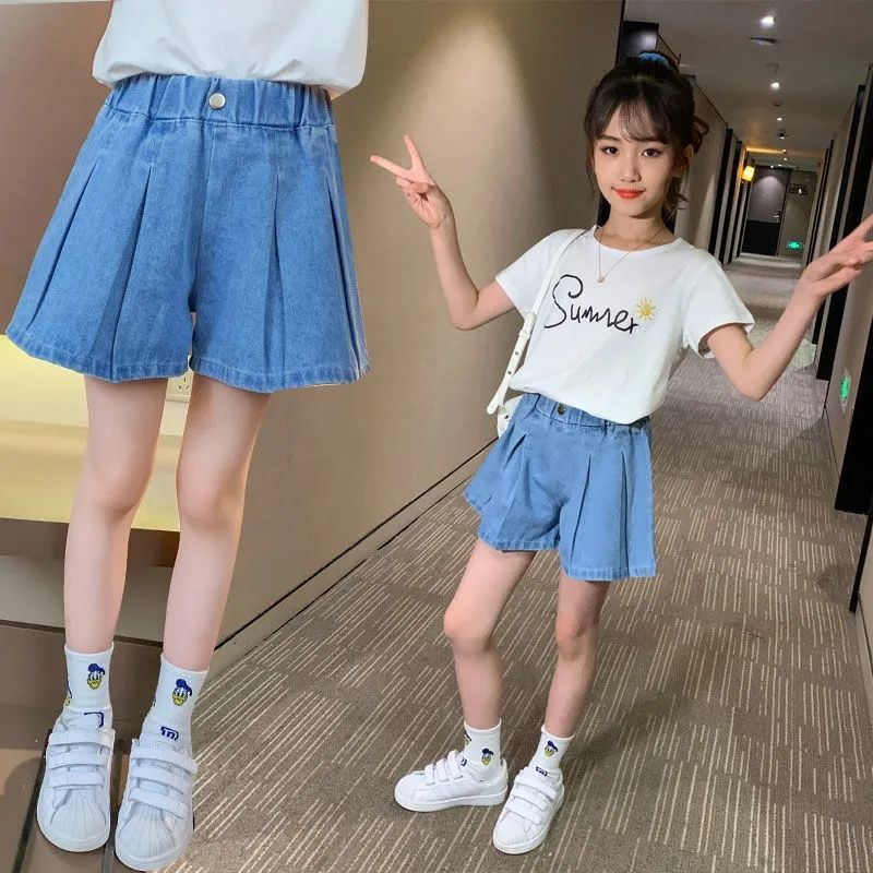 Girls denim shorts summer thin foreign style hakama girls all-match summer dress skirt pants big boy summer children's pants