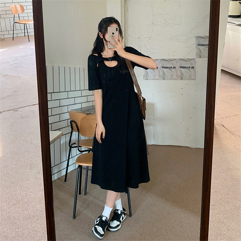 Design sense hollow strapless dress fat MM extra large size 300 catties summer loose hidden meat thin solid color T-shirt skirt
