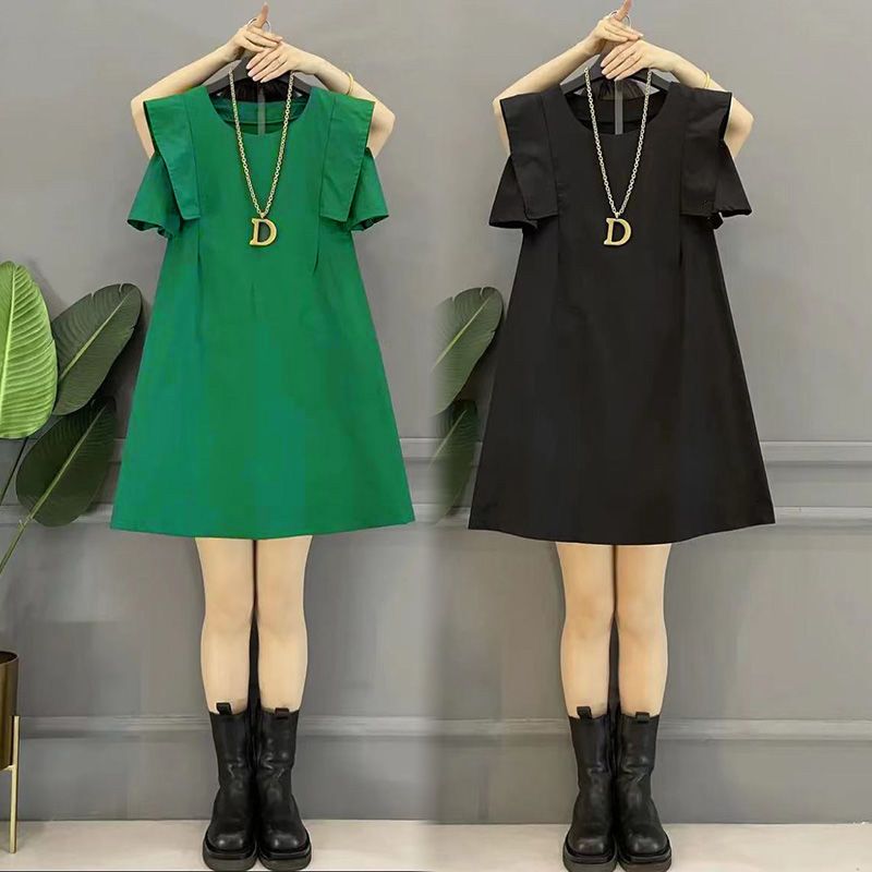 2023 summer new style simple and thin dress fat sister pure color pure version goddess fan dress tide