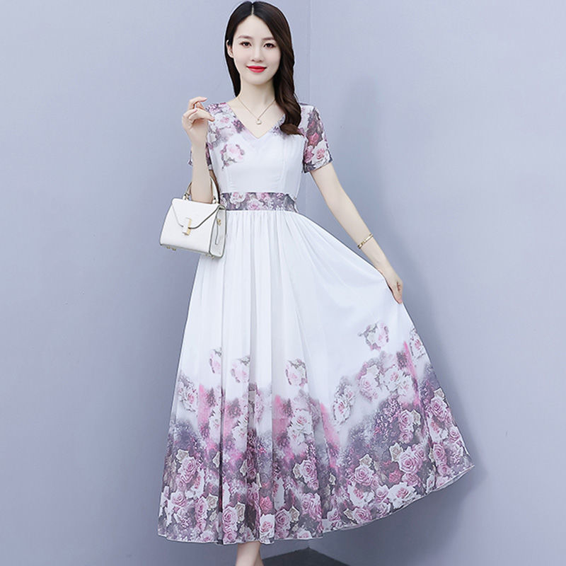  new summer positioning print slim fit age reduction seaside vacation beach skirt bohemian chiffon dress