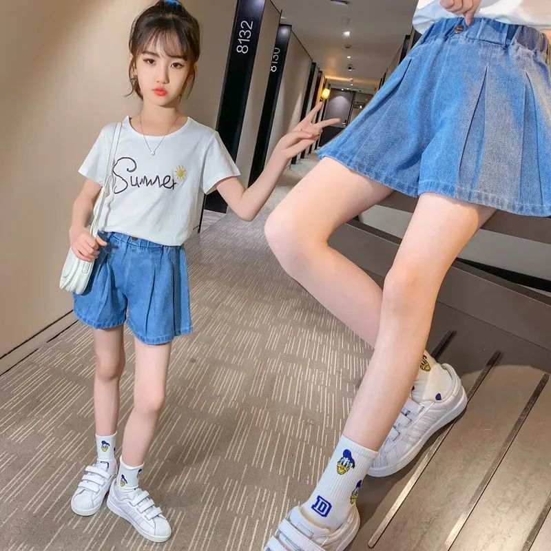 Girls denim shorts summer thin foreign style hakama girls all-match summer dress skirt pants big boy summer children's pants