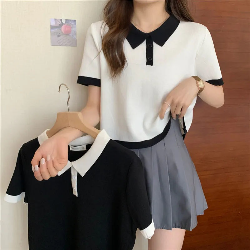  summer college style polo collar top women's short-sleeved T-shirt design sense niche ins tide slim Harajuku T-shirt