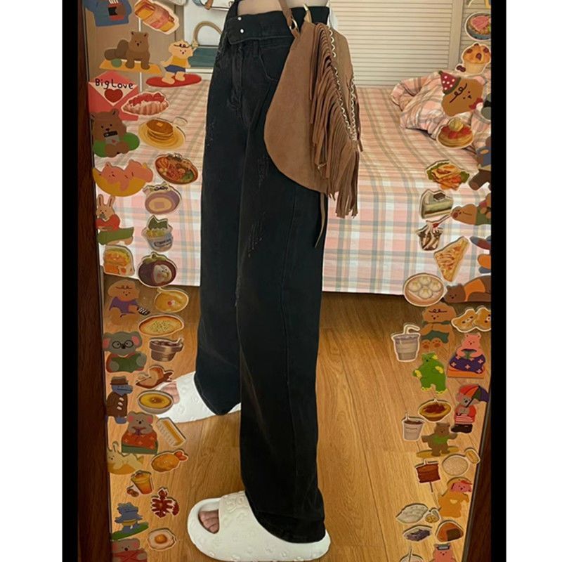 Women's black wide-leg jeans spring  thin section American style high waist loose slim drape trousers trendy