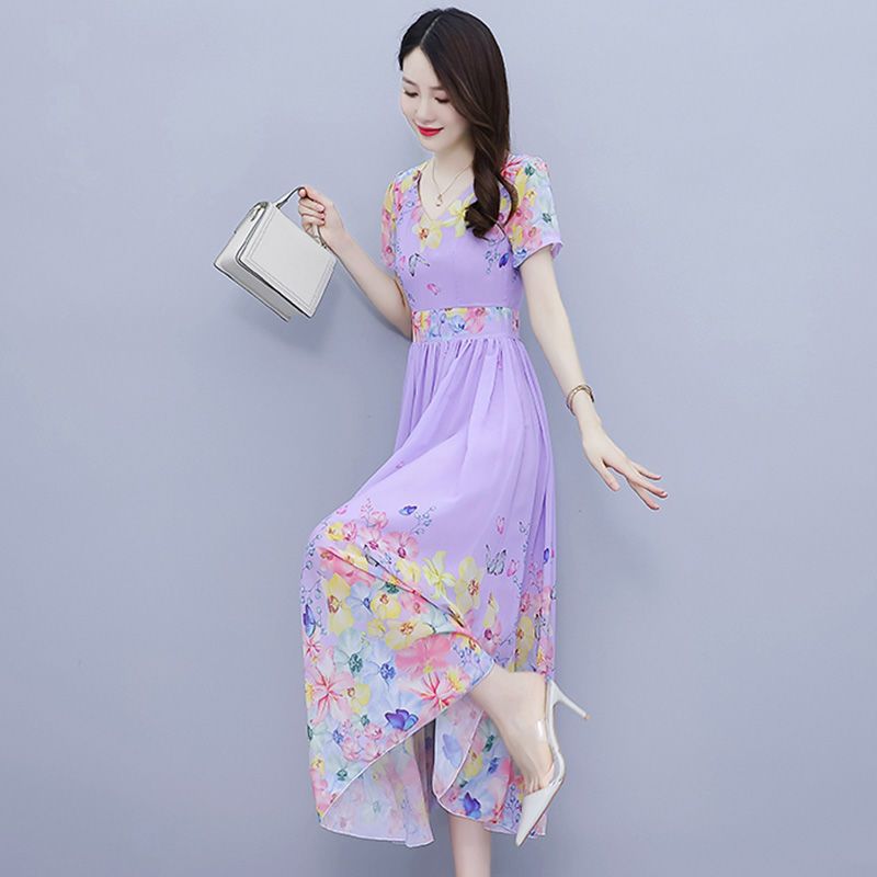  new summer positioning print slim fit age reduction seaside vacation beach skirt bohemian chiffon dress