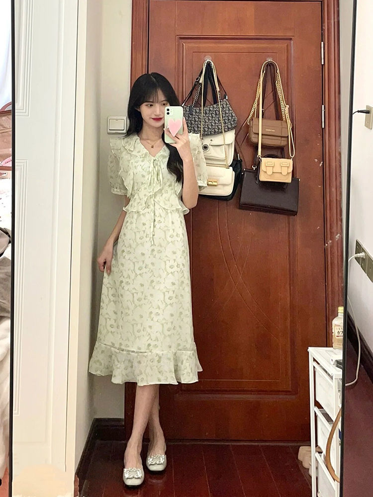 Floral Dress Temperament French Retro Waist Slim Chic Gentle Milk Sweet High Sense First Love Tea Break Skirt