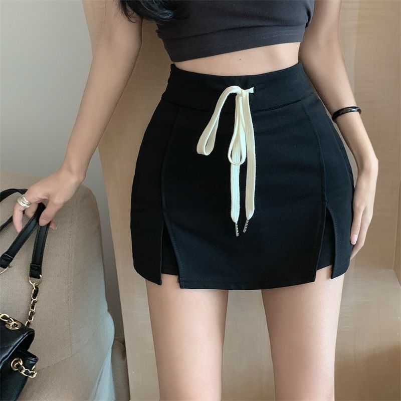 Spicy Girls Drawstring High Waist Wrapped Hip Skirt Pants New  Summer Black Sexy Skirt Split Half Skirt Short Skirt Women