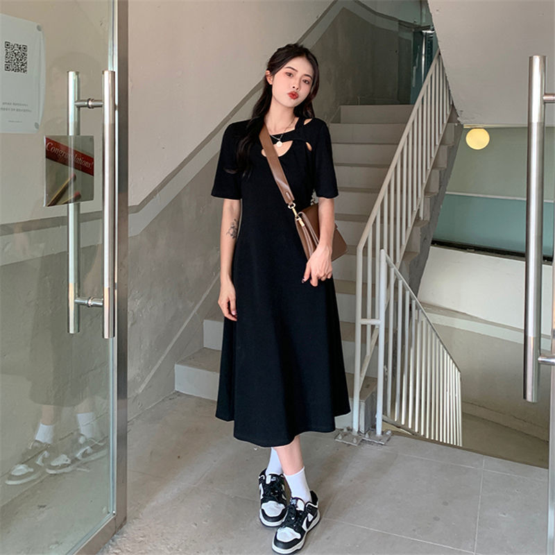 Design sense hollow strapless dress fat MM extra large size 300 catties summer loose hidden meat thin solid color T-shirt skirt