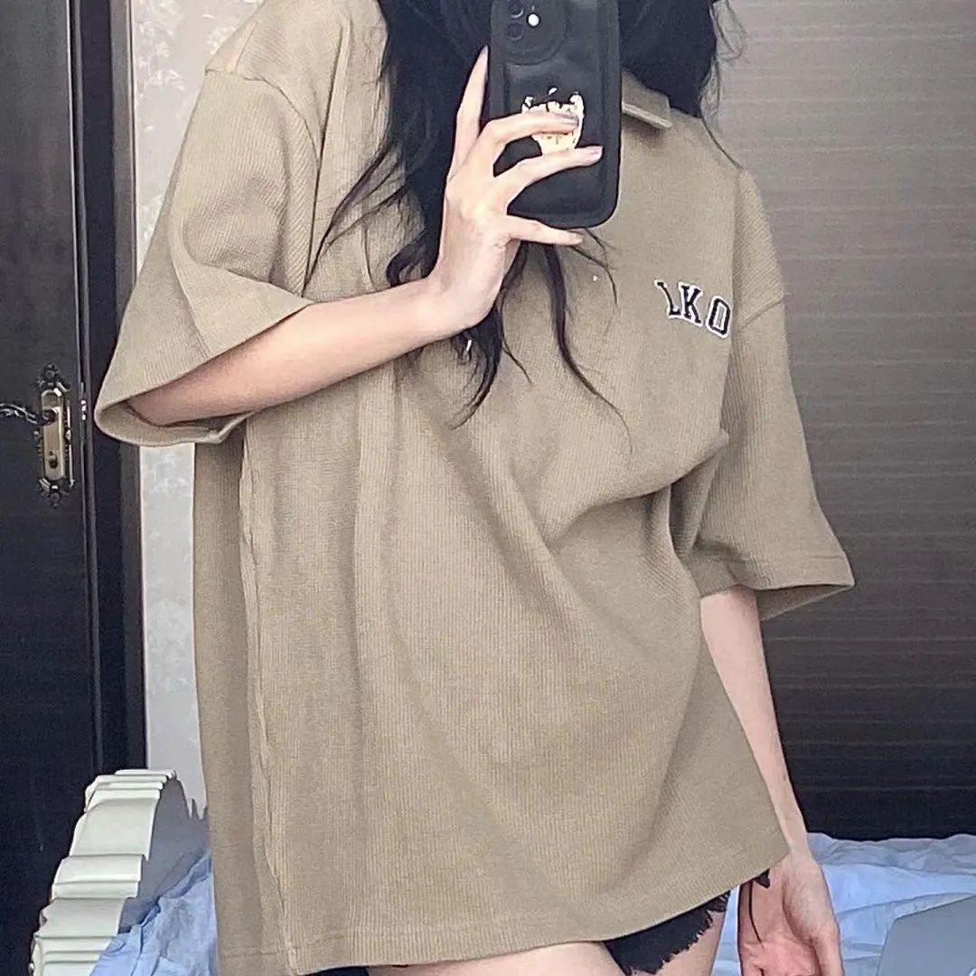 Summer loose ins Harajuku style top T-shirt female waffle POLO shirt short-sleeved fashion couple lazy wind top
