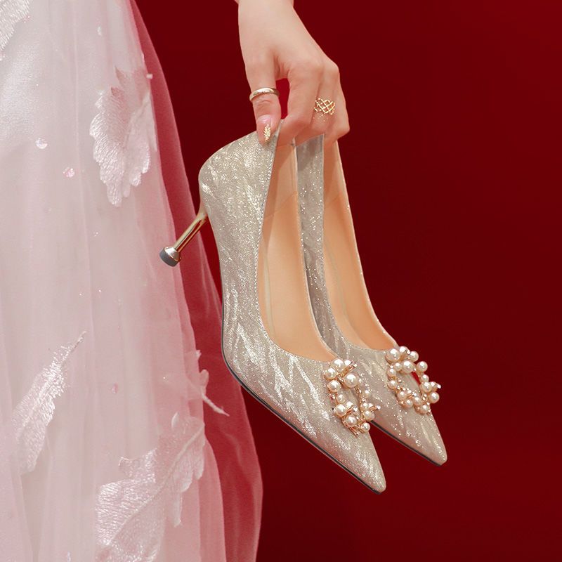 法式小众婚鞋女2022年夏款新娘婚纱高跟水晶鞋秀禾平时可穿不累脚