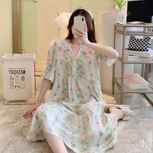 Original embroidered lapel imitation silk ice silk nightdress embroidered pullover satin pajamas short-sleeved long skirt can be worn outside in spring and summer