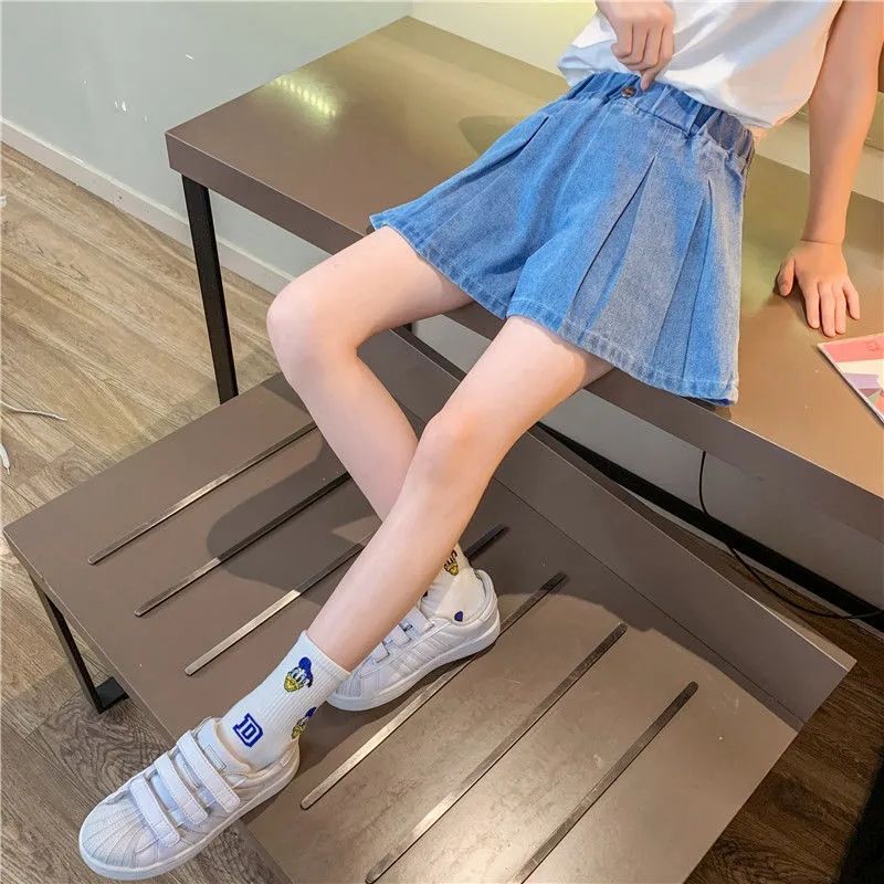 Girls denim shorts summer thin foreign style hakama girls all-match summer dress skirt pants big boy summer children's pants