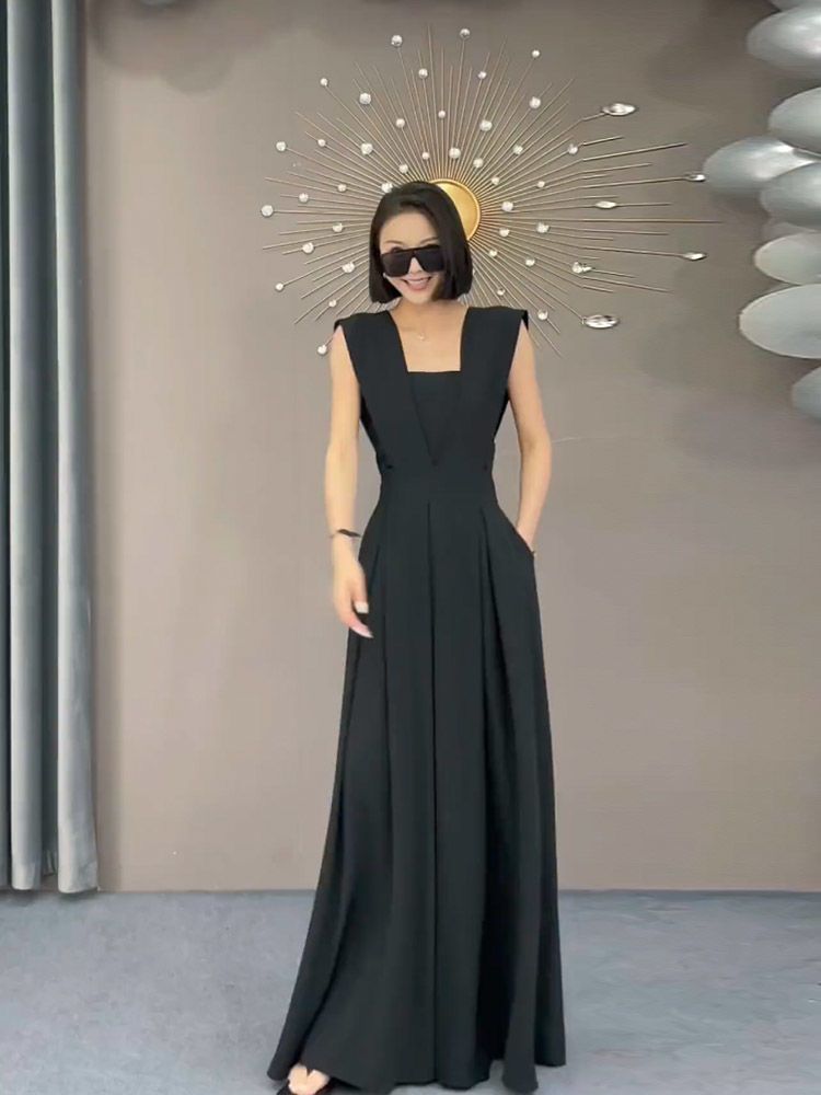 High-end black suit jumpsuit women's summer thin fashion v-neck sleeveless waist wide-leg jumpsuit