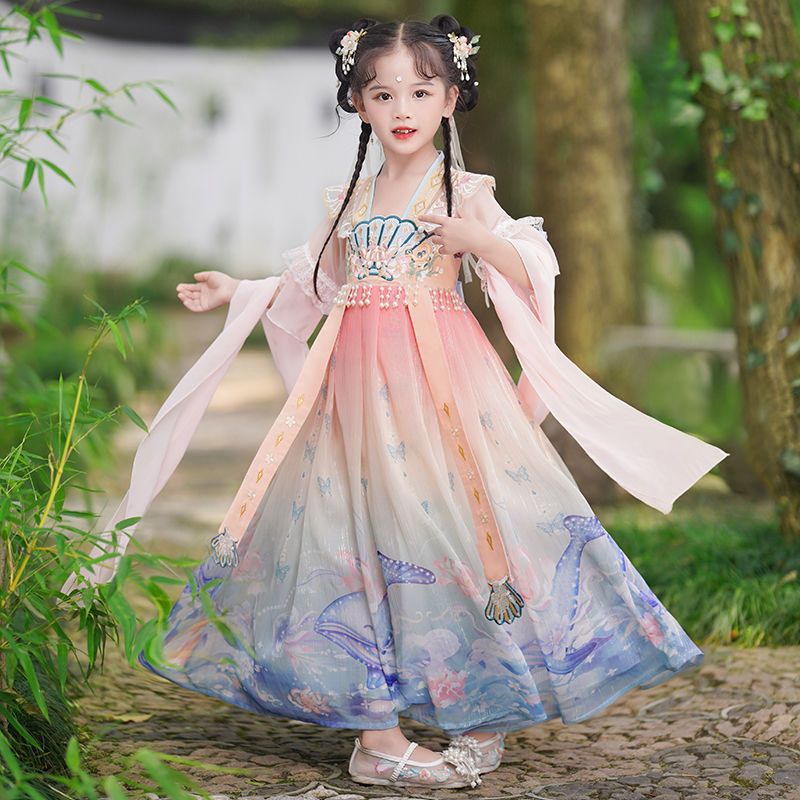 女童漢服夏季新款2023中國風超仙連衣裙古裝禮服薄款兒童古風裙子