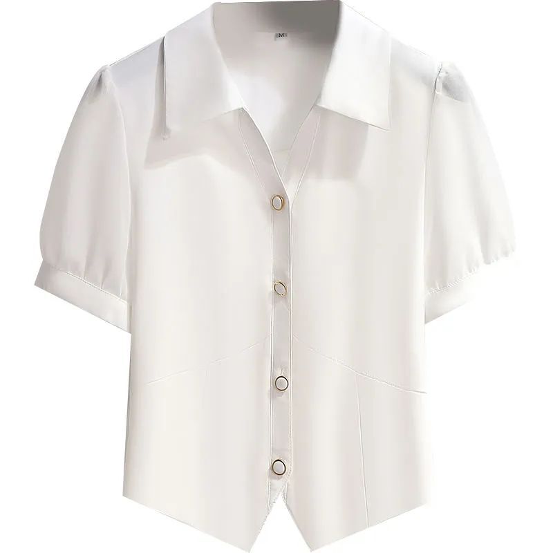 白色雪纺短袖衬衫女夏季2022新款别致漂亮气质短款小衫高级感上衣