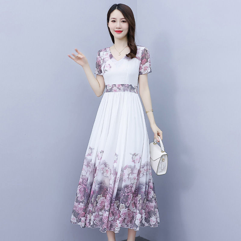  new summer positioning print slim fit age reduction seaside vacation beach skirt bohemian chiffon dress