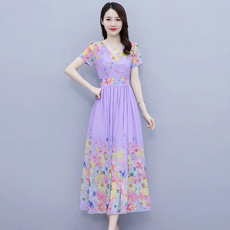  new summer positioning print slim fit age reduction seaside vacation beach skirt bohemian chiffon dress