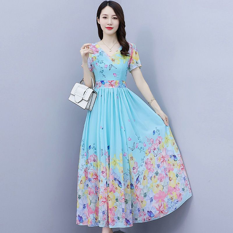  new summer positioning print slim fit age reduction seaside vacation beach skirt bohemian chiffon dress