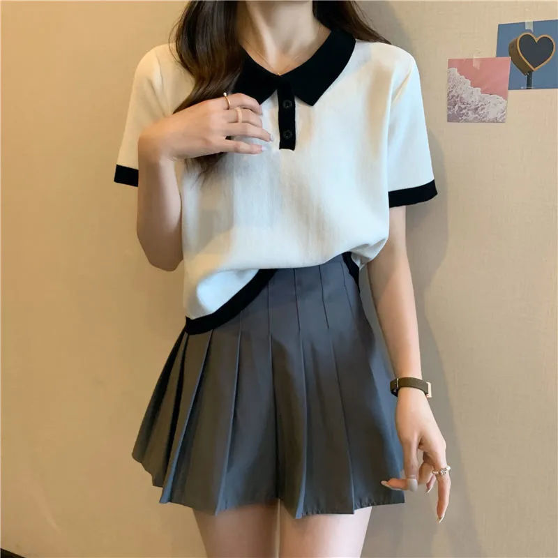  summer college style polo collar top women's short-sleeved T-shirt design sense niche ins tide slim Harajuku T-shirt