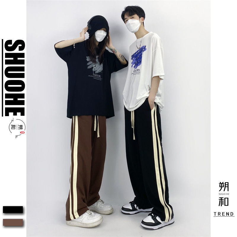 American high street couple side striped casual pants trendy straight loose drape sanitary pants retro long pants for men and women