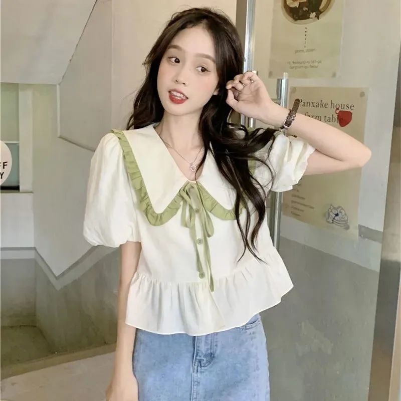 Doll collar puff sleeve shirt women's design sense niche summer new gentle wind Korean sweet short top