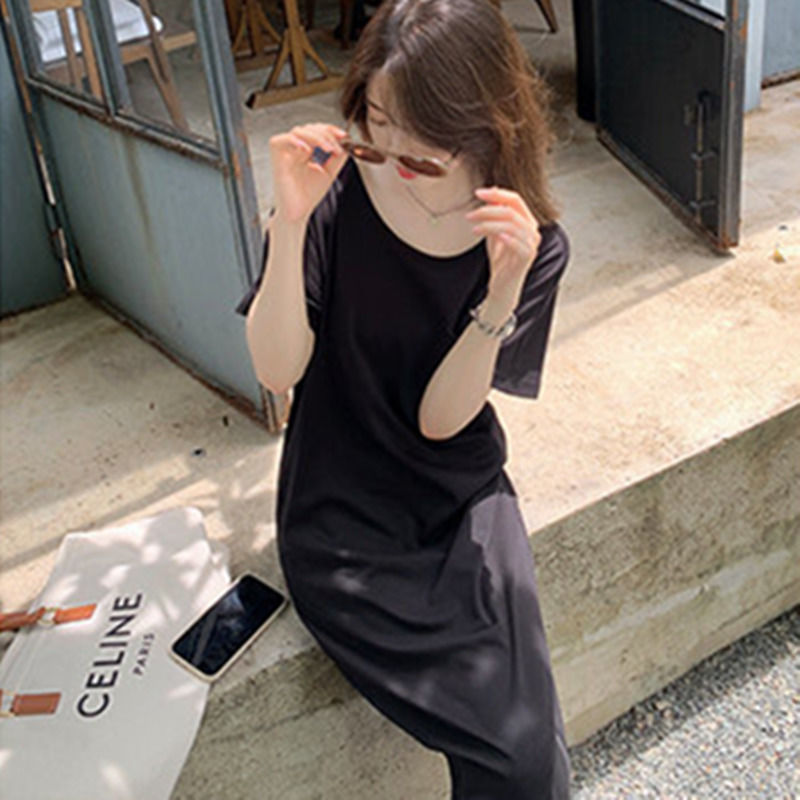 Backless kink slit design sense dress fat MM extra large size 300 catties summer loose Tibetan meat thin T-shirt skirt