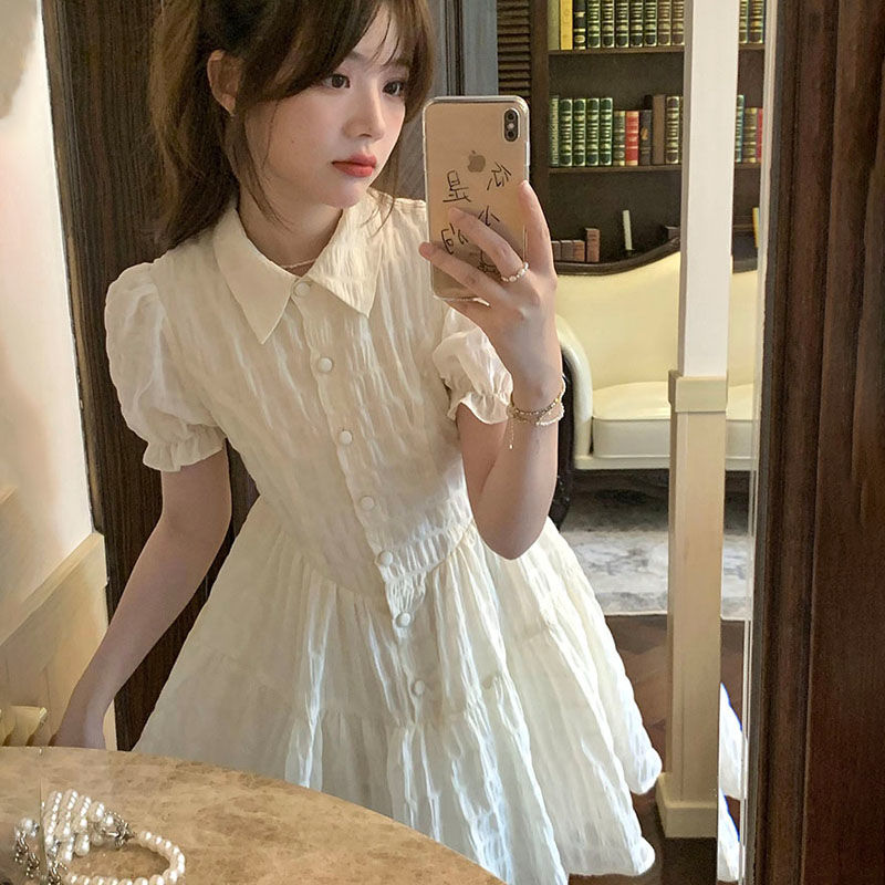 polo領雪紡連衣裙女夏高顏值法式甜美泡泡袖短裙小個子設計感小眾