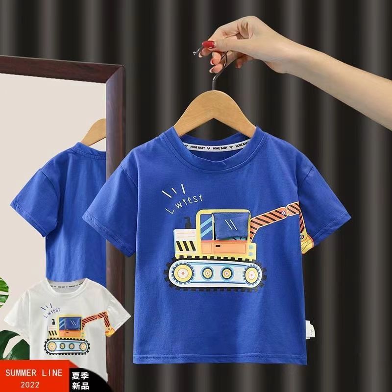 男童夏装短袖T恤 2023韩系新款中小童棉质百搭卡通挖掘机圆领上衣