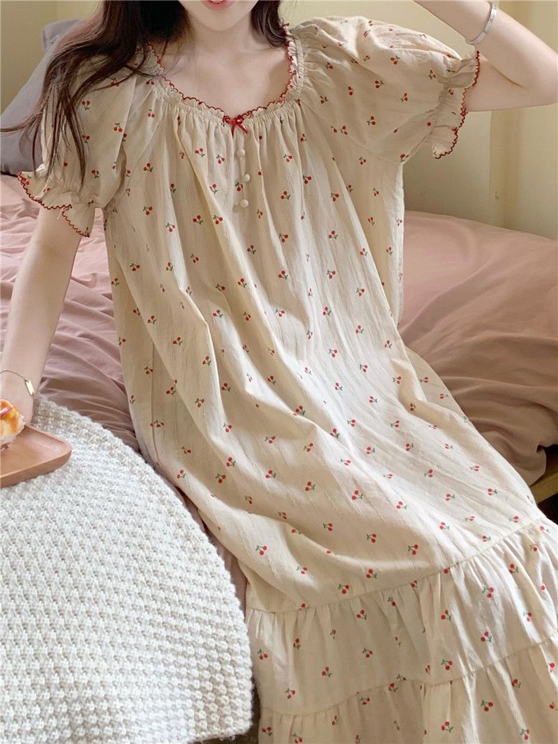 Nightdress female summer 2023 new ins sweet hit color cherry bow thin section short-sleeved pajamas home clothes trend