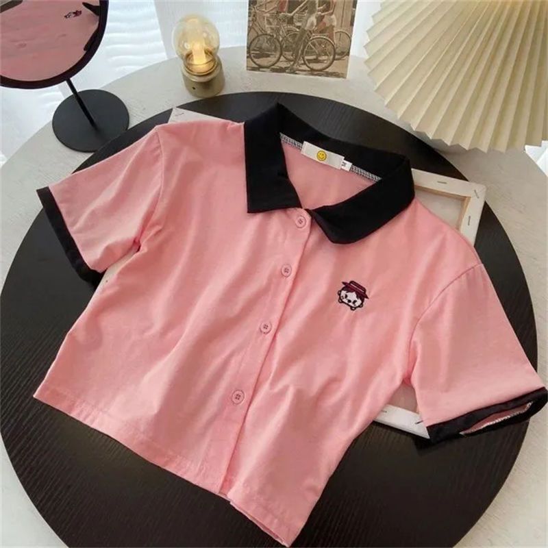 Pink short chic top women's summer  new short-sleeved polo collar t-shirt small man