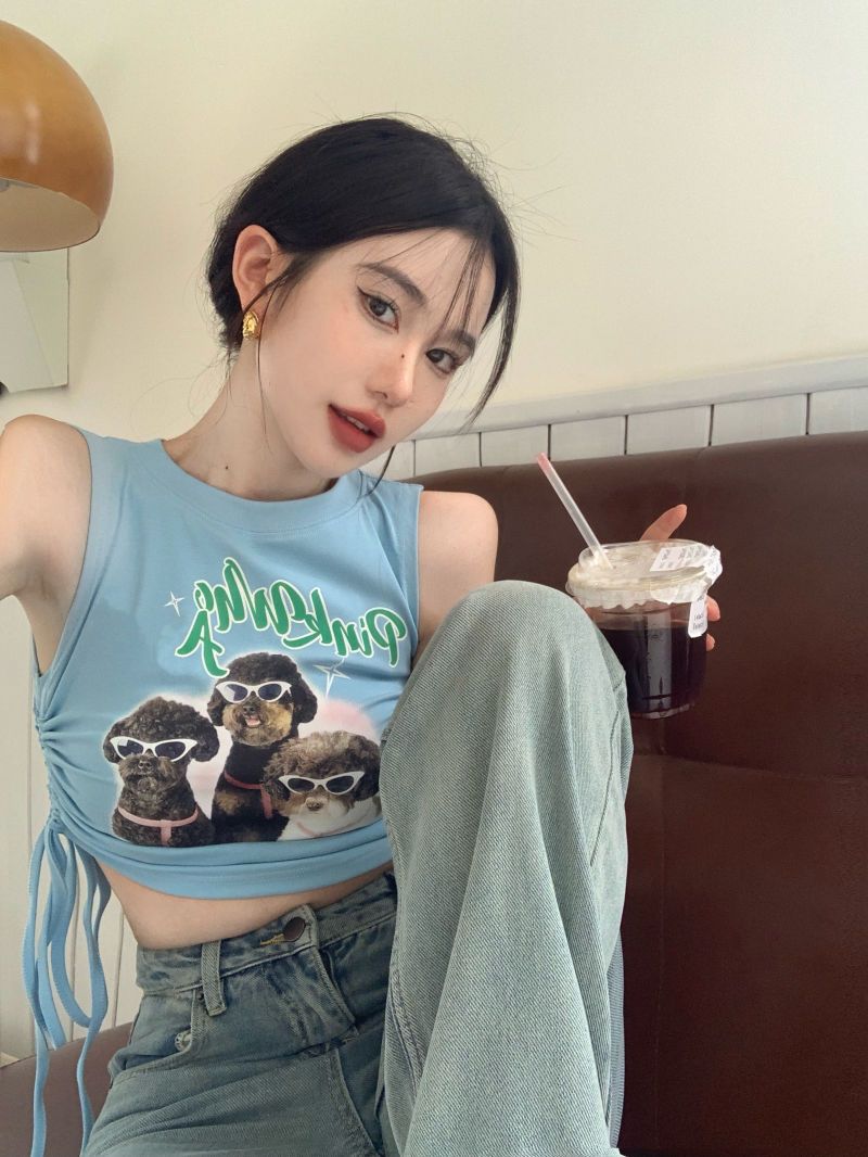 復古辣妹小狗墨鏡印花無袖T恤女夏季2022新款修身抽繩短款上衣潮