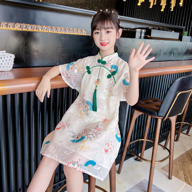 女童連衣裙2022新款中大童洋氣中國風旗袍公主裙兒童女孩雪紡裙子