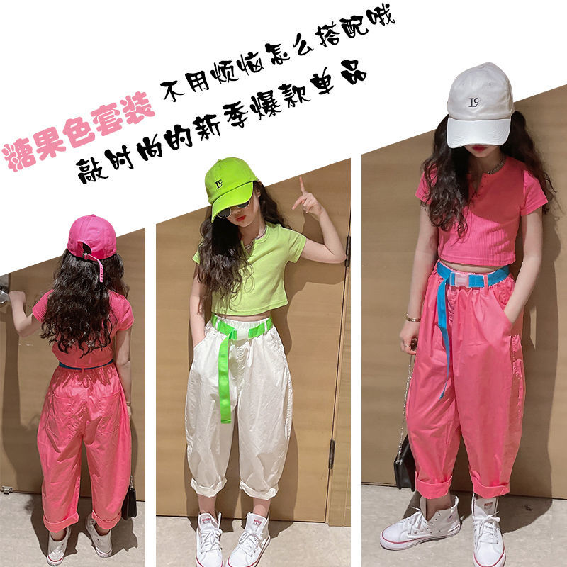 女童套裝2022夏裝新款中大童洋氣街舞服夏季網紅九分褲兩件套潮酷