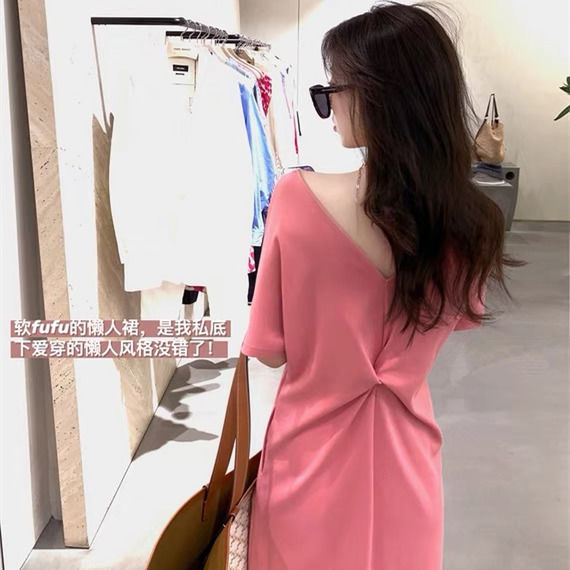 Backless kink slit design sense dress fat MM extra large size 300 catties summer loose Tibetan meat thin T-shirt skirt