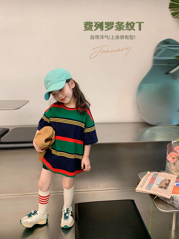 Girls T-shirt skirt summer mid-length Korean version of pure cotton color contrast striped dress new style girl top trend