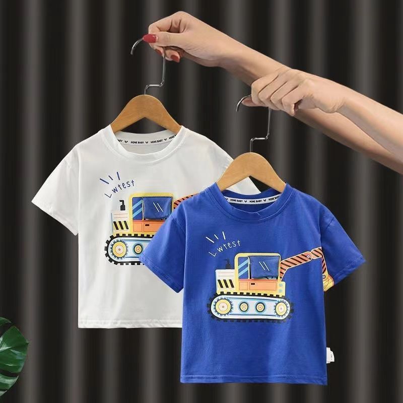 男童夏装短袖T恤 2023韩系新款中小童棉质百搭卡通挖掘机圆领上衣