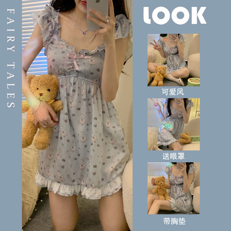 Nightdress with chest pad women's summer sweet pure desire style thin pajamas small casual princess style sexy home clothes