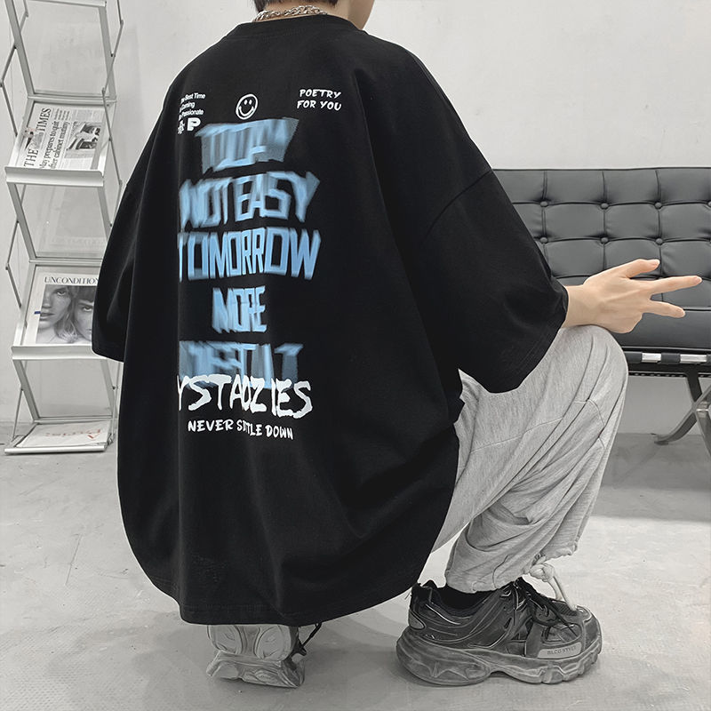 100%純棉港風夏季印花短袖t恤男學生寬鬆潮流ins百搭休閒半袖體恤