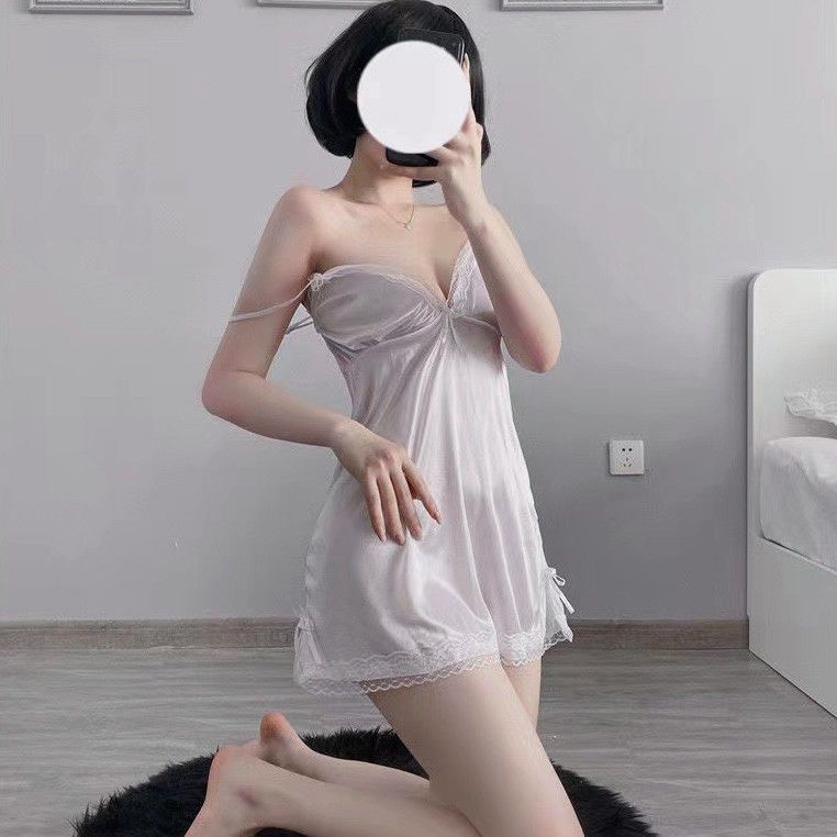Summer pure desire wind ice silk sense sling lace edge nightdress thin section see-through hand tear sexy smooth mesh nightgown dress