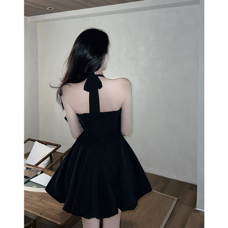  summer new pure desire black hanging neck suspender dress waist temperament sexy A-line skirt female little black dress