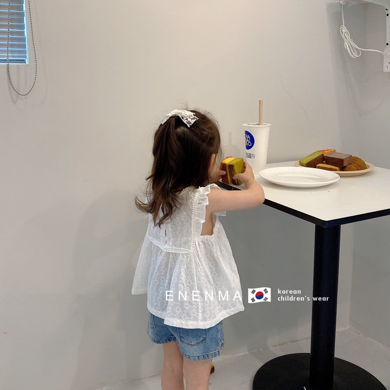 Girls summer suit 2022 new foreign style two-piece soft cotton thin doll shirt lace suspender shirt