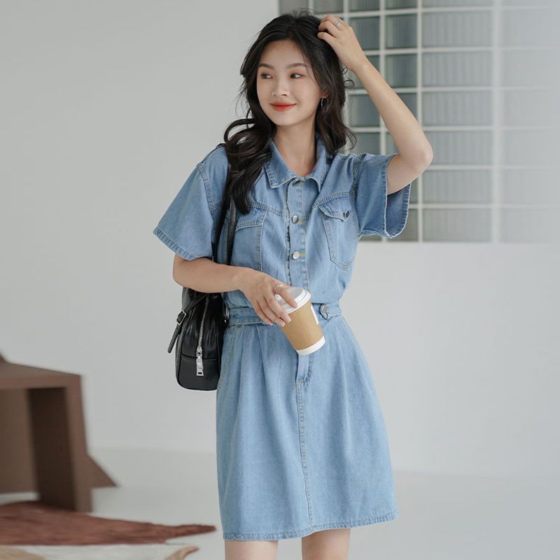 POLO collar design sense denim dress summer 2022 new temperament design sense small short-sleeved skirt women