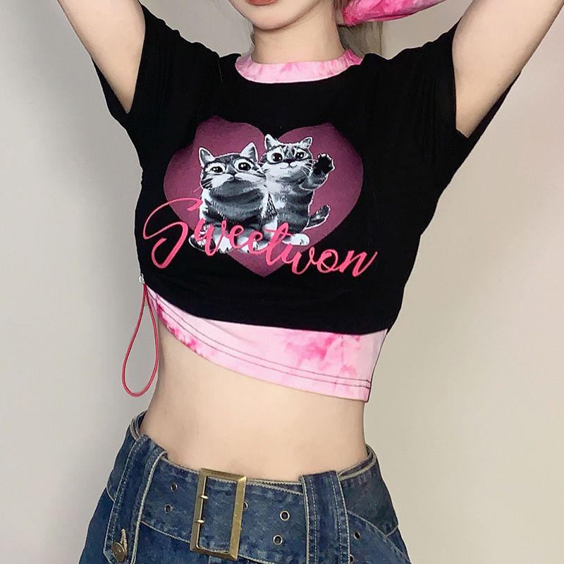 BIIKPIIK sweet and spicy girl cartoon cat print tie-dye stitching short-sleeved T-shirt female fashion hot girl short top