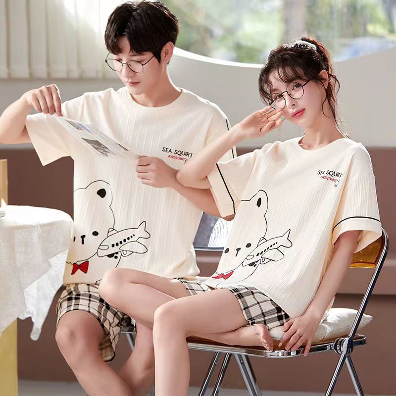Pure cotton pajamas women's summer couple men's pajamas spring and summer short-sleeved shorts two-piece loose home service