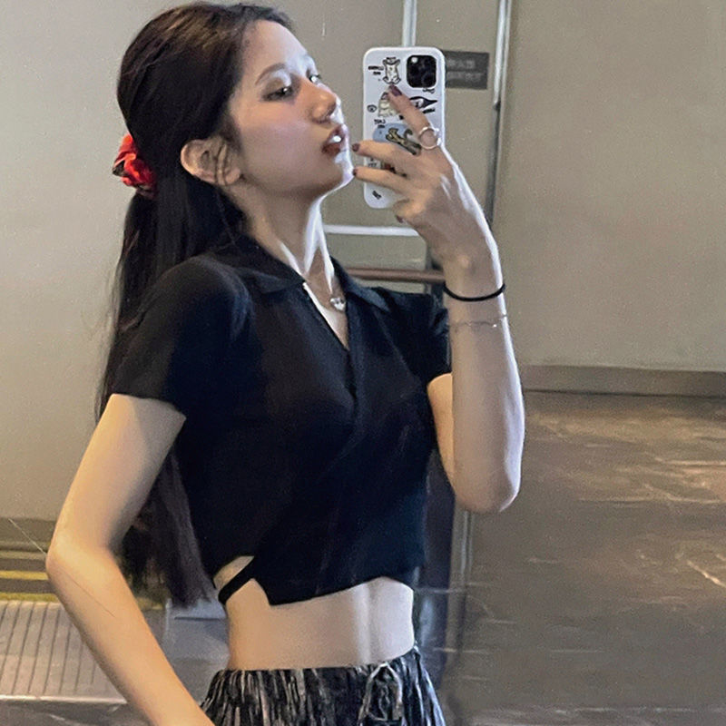 Spice girl style polo collar short top women's summer one-piece cross-strap self-cultivation slimming navel short-sleeved T-shirt